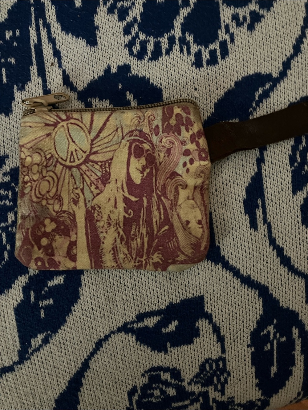 Printed Canvas Wristlet Pouch in Burgundy and Cream